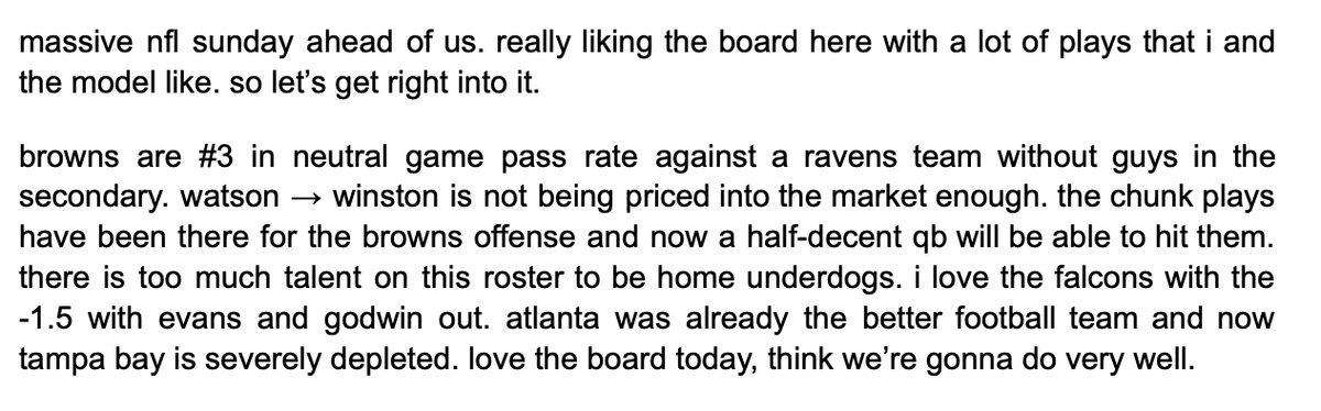 SidesMatter's tweet photo. #NFL 🏈 | 10/27:

Titans +12.5 (-110)
Browns +8 (-110) **2u**
Jaguars ML (+164)
Texans ML (-220)
Cardinals ML (+180)
Falcons -1.5 (-104) **2u**
Bears ML +100
Raiders +8.5 (-110) https://t.co/eMYb2cK9WE