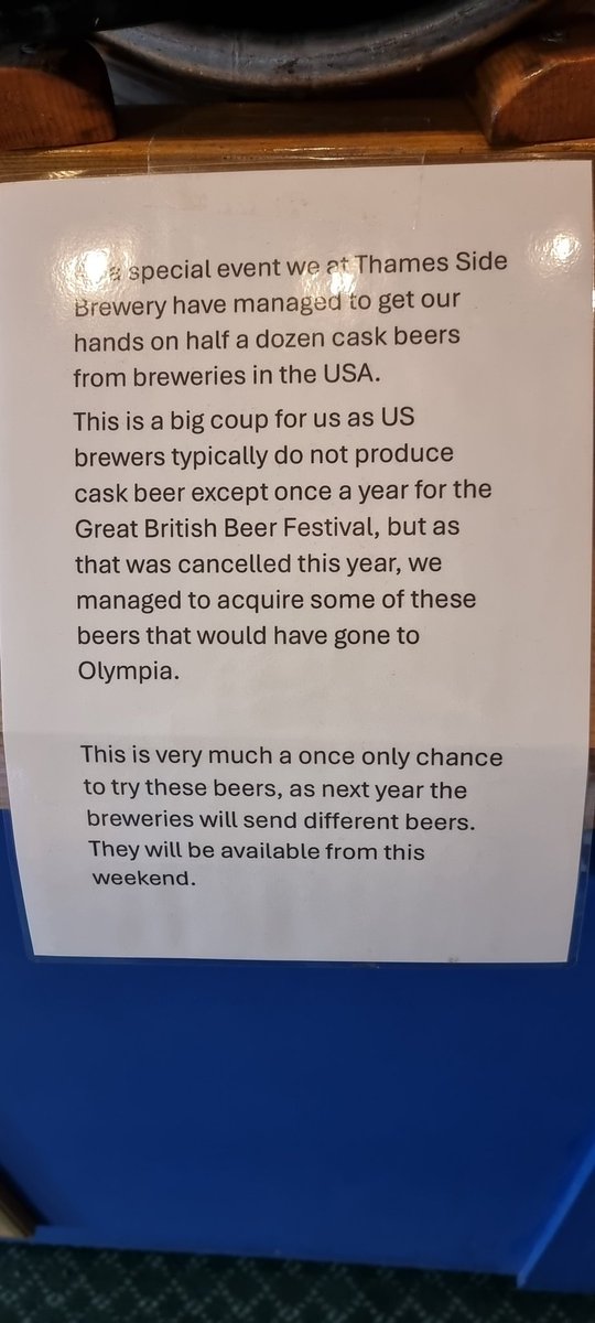 Stephen Jackson (@musinganorak) on Twitter photo A short walk to the other good beer place in Staines, <a href="/thamessidebrew/">Thames Side Brewery</a>. Spacious taproom in a former restaurant.
To my shame it's my first visit.
8 cask and 6 taps. For the last couple of months they have had an American brewery cask ale available, today it's from <a href="/Backbeatbrewco/">Backbeat Brewing Co.</a> A short walk to the other good beer place in Staines, <a href="/thamessidebrew/">Thames Side Brewery</a>. Spacious taproom in a former restaurant.
To my shame it's my first visit.
8 cask and 6 taps. For the last couple of months they have had an American brewery cask ale available, today it's from <a href="/Backbeatbrewco/">Backbeat Brewing Co.</a>