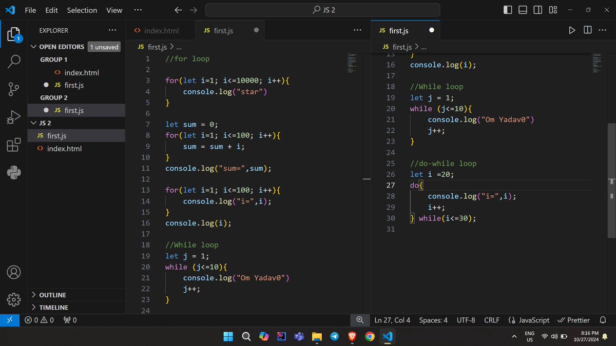 omtweet_'s tweet photo. #Day_29 of learning Web Development from @ShradhaKhapra_ and Apna College
Topics learned - Learned about Loop's: for , while , do-while loop in Java Script.
#100daysofcode https://t.co/rPR0qHAjsi