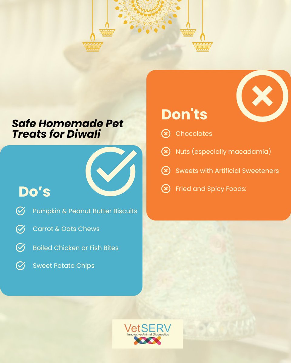 VetSERVIndia's tweet photo. 🎉🐾 Make Diwali pet-friendly! 🐶✨ Ensure your furry friends celebrate Diwali with safe treats and avoid harmful foods. 

#HappyDiwali #PetSafety #PetTreats #VetServ #DiwaliWithPets #FurryFriend #PetWellness #PetCare https://t.co/bp7XJCMmoK