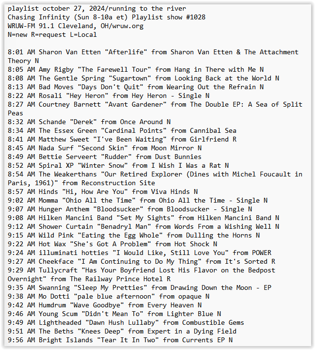 Ed Zeitz (@edzeitz) on Twitter photo my <a href="/WRUW/">WRUW-FM 91.1</a> playlist this am ft <a href="/sharonvanetten/">Sharon Van Etten</a> <a href="/AmyRigby/">Amy Rigby</a> <a href="/SkepWax/">Skep Wax Records</a> <a href="/badmovesDC/">Bad Moves</a> @rosalimusic @schandetheband <a href="/theessexgreen/">The Essex Green</a> <a href="/nadasurf/">matthew caws</a> <a href="/hindsband/">hind𝓼 ☻</a> <a href="/hungeranthem/">Hunger Anthem</a> <a href="/HilkenMancini/">Hilken Mancini</a> <a href="/showerrcurtain/">showy</a> <a href="/WildPinkNYC/">Wild Pink</a> <a href="/hotwaxbandd/">HotWax</a> <a href="/illuminatihotts/">illuminati hotties</a> <a href="/cheekfaceREAL/">america's local band cheekface</a> <a href="/popsongsmixtape/">Pop Songs Your New BoyF’s Too Stupid to Know About</a> +more ⬇️ my <a href="/WRUW/">WRUW-FM 91.1</a> playlist this am ft <a href="/sharonvanetten/">Sharon Van Etten</a> <a href="/AmyRigby/">Amy Rigby</a> <a href="/SkepWax/">Skep Wax Records</a> <a href="/badmovesDC/">Bad Moves</a> @rosalimusic @schandetheband <a href="/theessexgreen/">The Essex Green</a> <a href="/nadasurf/">matthew caws</a> <a href="/hindsband/">hind𝓼 ☻</a> <a href="/hungeranthem/">Hunger Anthem</a> <a href="/HilkenMancini/">Hilken Mancini</a> <a href="/showerrcurtain/">showy</a> <a href="/WildPinkNYC/">Wild Pink</a> <a href="/hotwaxbandd/">HotWax</a> <a href="/illuminatihotts/">illuminati hotties</a> <a href="/cheekfaceREAL/">america's local band cheekface</a> <a href="/popsongsmixtape/">Pop Songs Your New BoyF’s Too Stupid to Know About</a> +more ⬇️