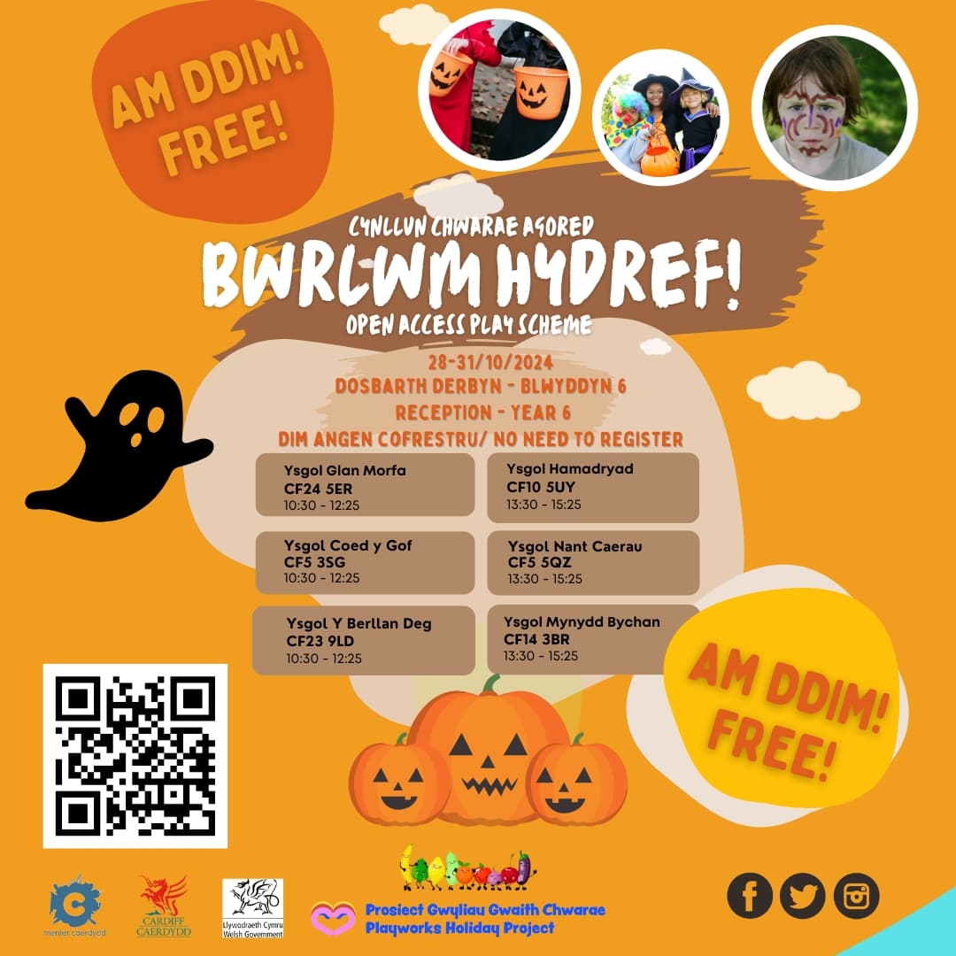 MenterCaerdydd's tweet photo. 🎃 Cofia ddod i greu Bwrlwm, Llun i Iau, dros #hannertymor!
👻 #Free #Bwrlwm, Monday to Thursday, over #halfterm!
#chwarae #play #6lleoliad #6locations #CalanGaeaf #halloweenfun #hwylasbri
#welshmedium
💃🕺🍎🎈⚽🎲🎤🧶🖌️✂️🏈🎊🍌 https://t.co/Meo416sXvr
