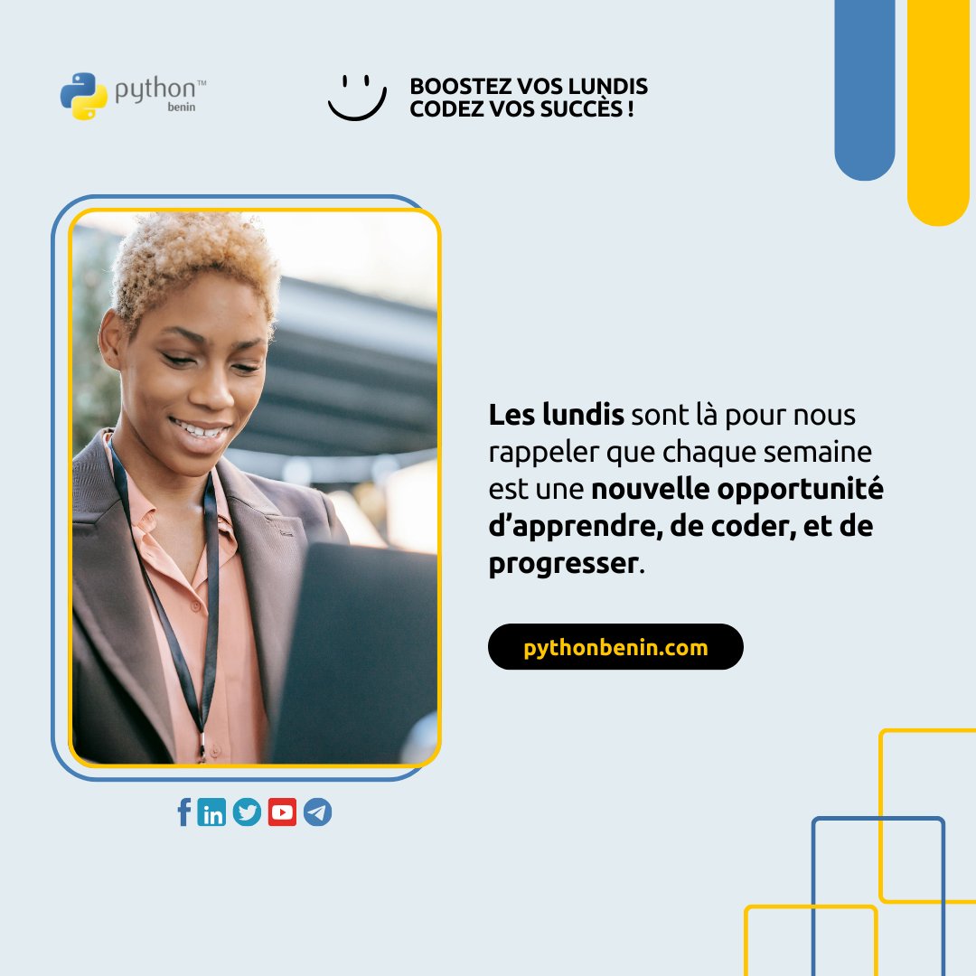 PythonBenin's tweet image. Boostez vos lundis, codez vos succès !

Les lundis sont là pour nous rappeler que chaque semaine est une nouvelle opportunité d’apprendre, de coder, et de progresser.

#PythonBenin #MondayMotivation