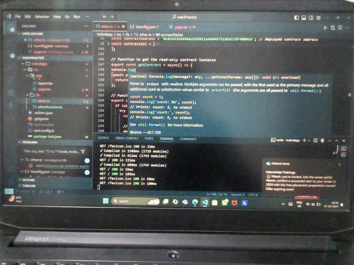 nitesh_saini404's tweet image. #Day 30 of #Web3 Journey! 🌟
Today’s learning:
• Connected Ether.js with Infura (backend blockchain
access) & MetaMask (user wallet interactions).
• Building a ToDo dApp with on-chain tasks!Excited for more!
🚀 #EtherJS #MetaMask #Blockchain #DApp 30 of #Web3 Journey! 🌟
