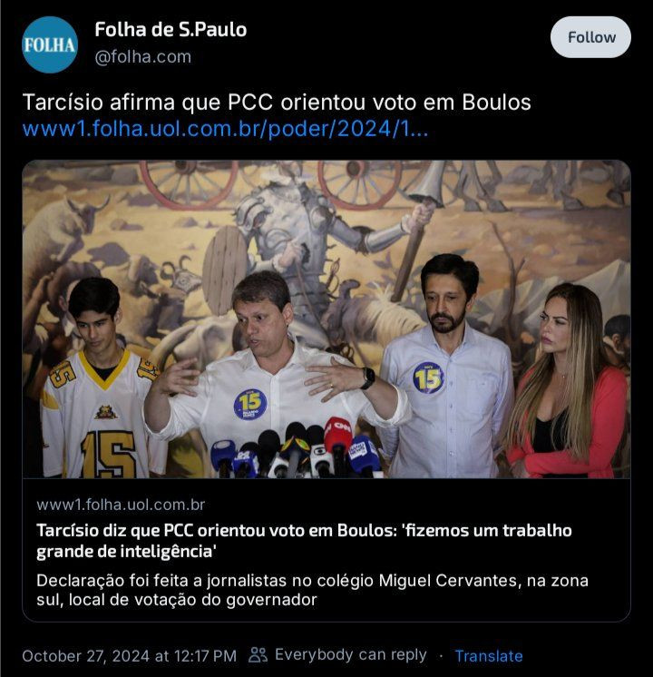 🚨 GRAVE

No meio do processo eleitoral, o jornal Folha de São Paulo publica jornalismo declaratório com fala do Governador de São Paulo, Tarcísio de Freitas, contra o candidato Guilherme Boulos (PSOL).

Na imagem que ilustra a manchete há Ricardo Nunes, adversário de Boulos, e