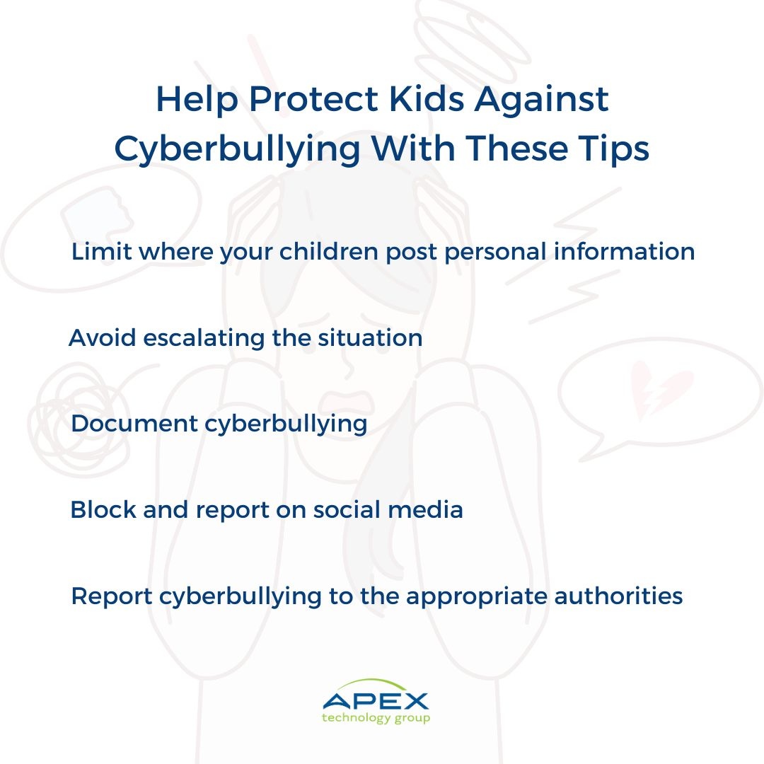 ApexTechGroup's tweet image. Kids and teens today are more prone to cyberbullying. Stay alert and help protect them using these tips. #CybersecurityAwarenessMonth #SecureOurWorld