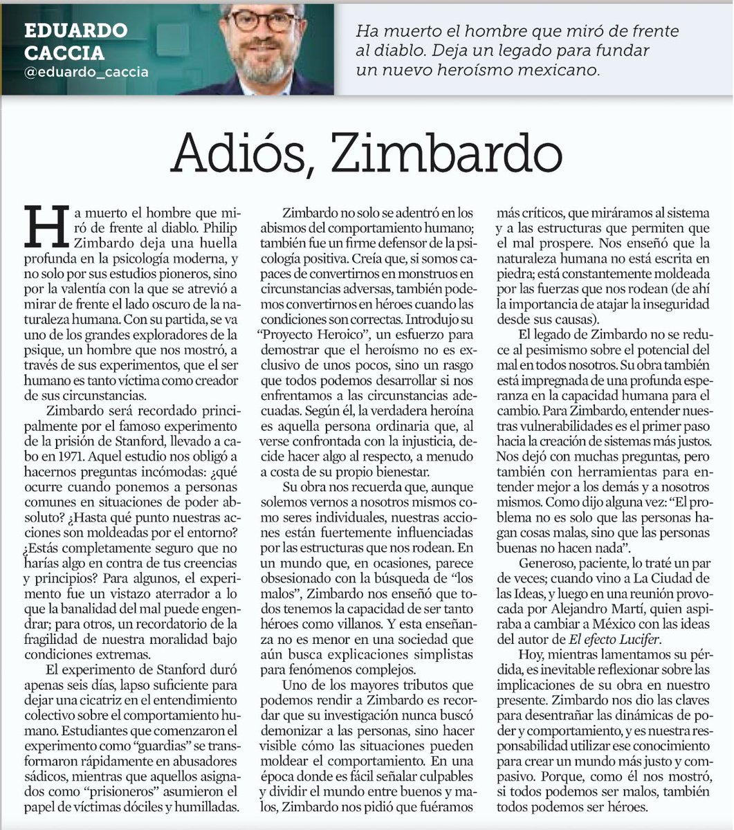 rramireznava's tweet image. Adiós, Zimbardo de @eduardo_caccia vía @Reforma #Psicologia #Psique #comportamiento #efectoLucifer #proyectoheróico