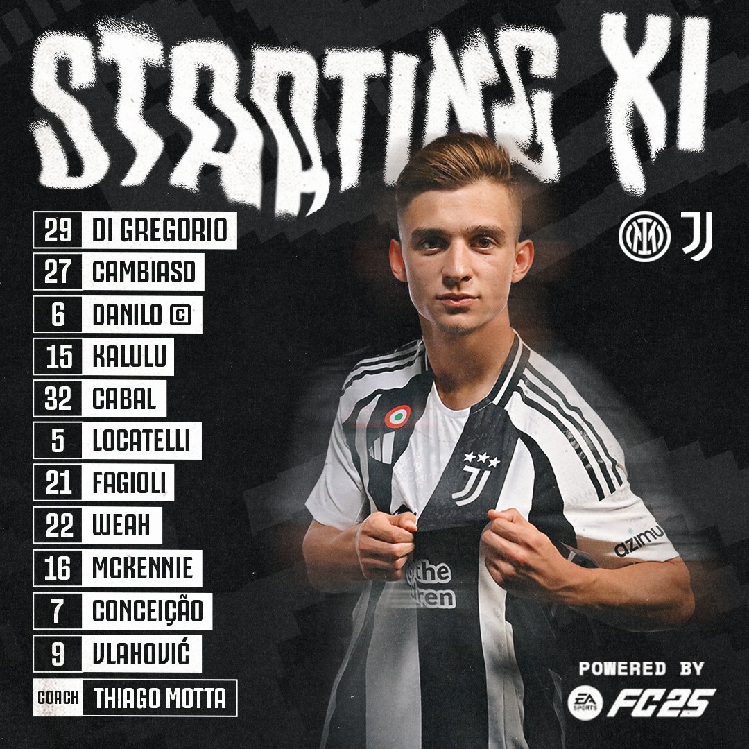 juventusfc's tweet photo. ✍🏻 Gli 1️⃣1️⃣ titolari scelti da Thiago Motta per #InterJuve📜

Powered by @EASPORTSFC https://t.co/59dB97Uf9N