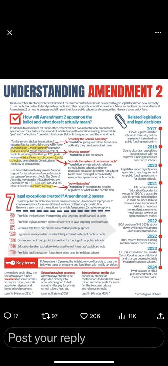 See below &amp; be informed! Don’t be misled by millions of out of state $$ trying to fool Kentuckians. We have school choice…but fortunately, we don’t have taxpayers funding private education…support our public school communities &amp; All Students. Vote NO on Amendment 2!
