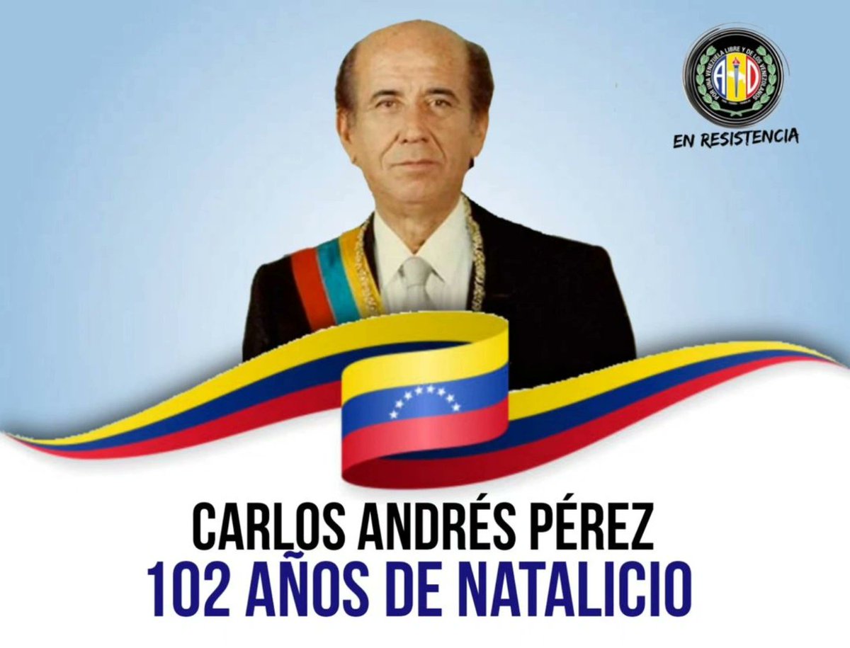 #27oct Conmemoramos 102 años del natalicio de nuestro compañero, el Presidente #CarlosAndrésPérez. 

 ¡Reivindicamos su legado como inspiración de lucha por nuestra Venezuela!

<a href="/ADMirandaCES/">ADMIRANDA</a>
<a href="/ADemocratica/">Acción Democrática</a>
<a href="/ADOrganizacion_/">AD Organización Nacional</a>

#vzla