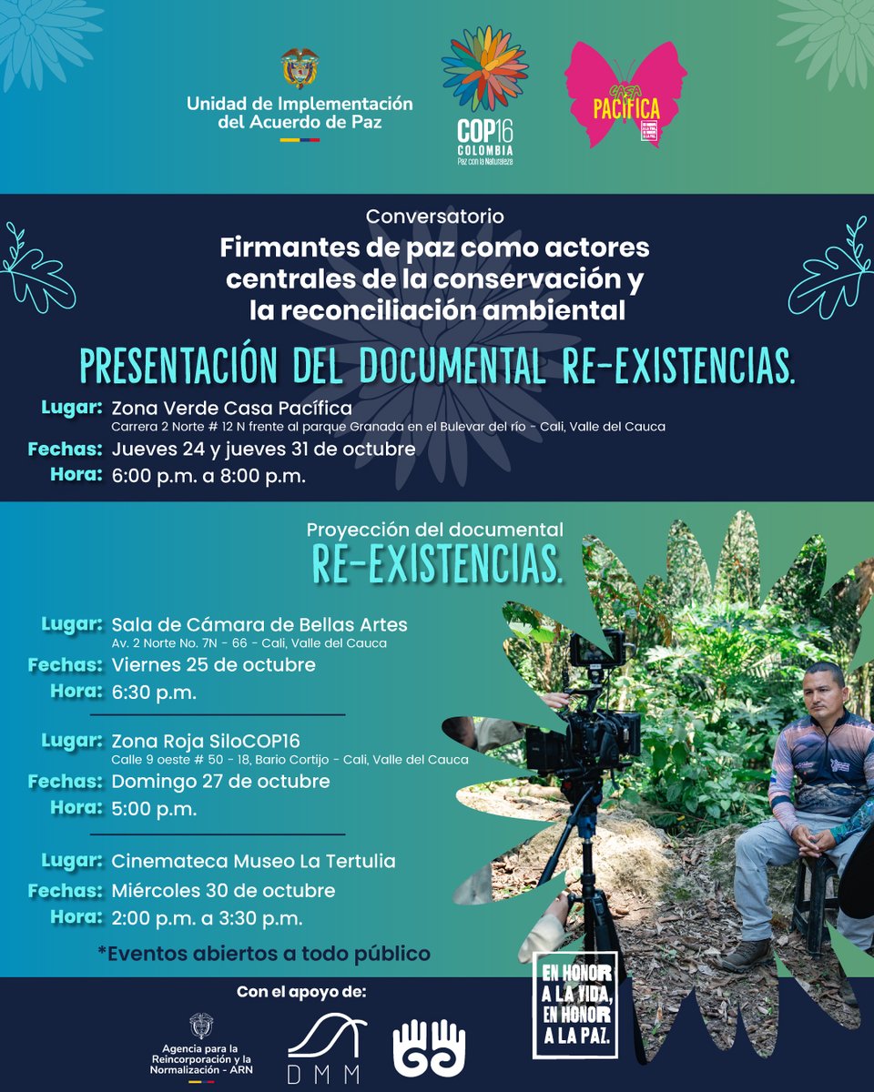 UAcuerdoPaz's tweet photo. 🌳 L@s #FirmantesDePaz conocen los territorios y por ello son esenciales en la conservación ambiental. No te pierdas los conversatorios y presentaciones del documental Re-Existencias. 📷@UAcuerdoPaz con
@DMMPaz y @ARNColombia #COP16Colombia 📷 🤝 https://t.co/ecUyK7WDtD