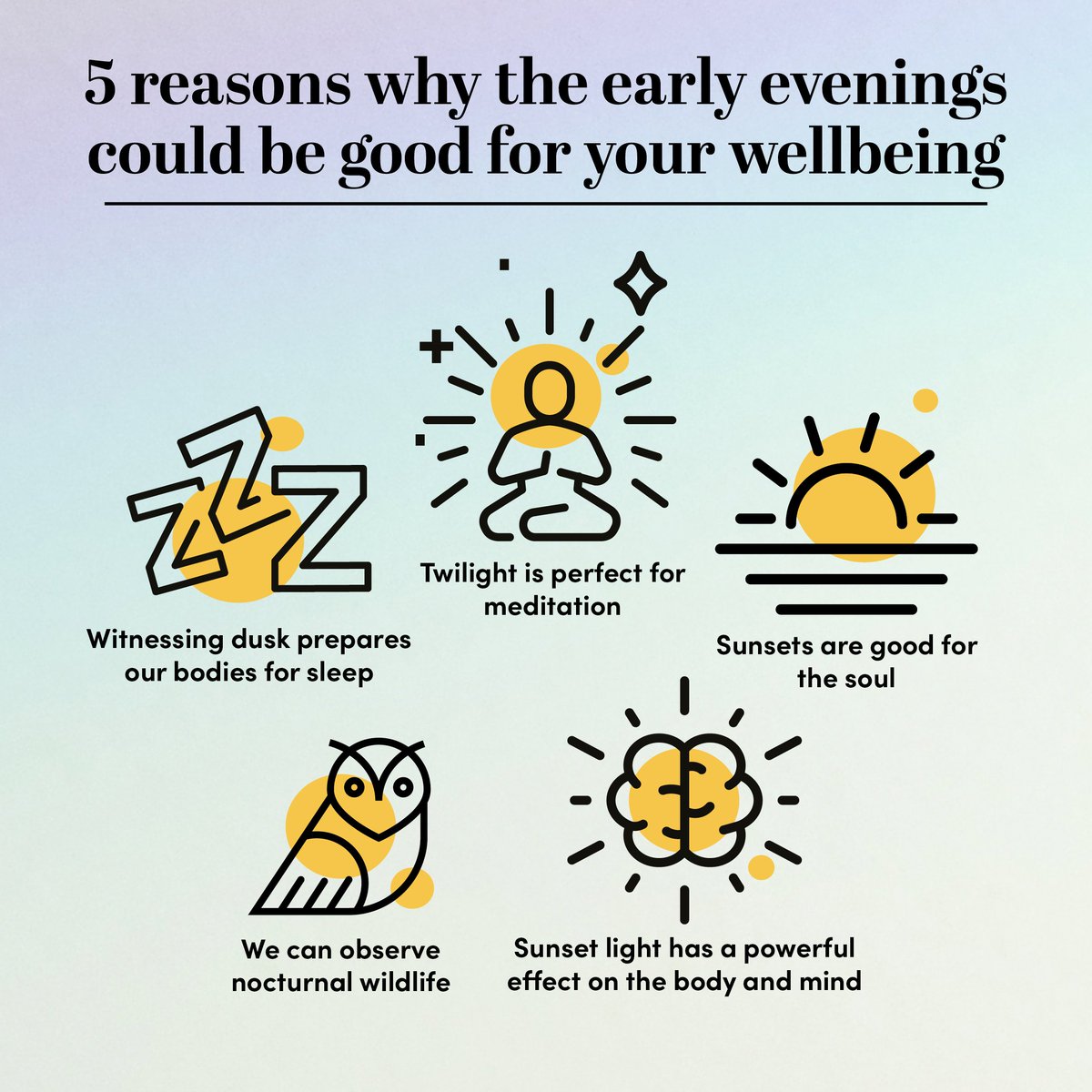 happifulhq's tweet photo. Don’t mourn the disappearing daylight hours – the onset of the evening can bring a host of wellbeing benefits. Read more about these benefits: https://t.co/0Nlmrw3Mie 🌃 https://t.co/nRoorKwbWO
