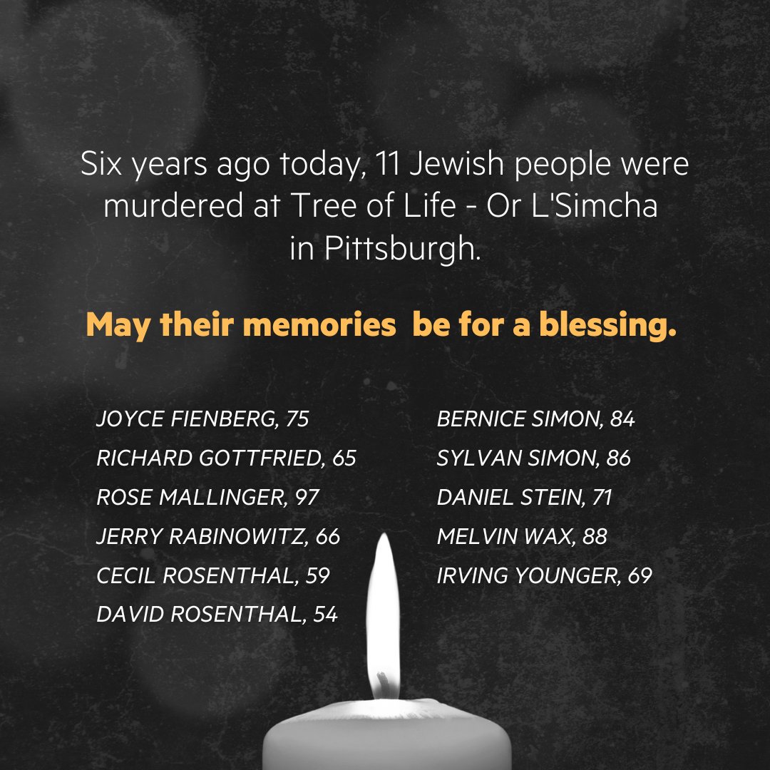 On Oct. 26, 2018, a white supremacist driven by antisemitism &amp; xenophobia killed 11 people at the Tree of Life synagogue in Pittsburgh. Six years later, politicians &amp; pundits promote the same dangerous rhetoric. We must combat antisemitism to protect our communities &amp; #democracy.