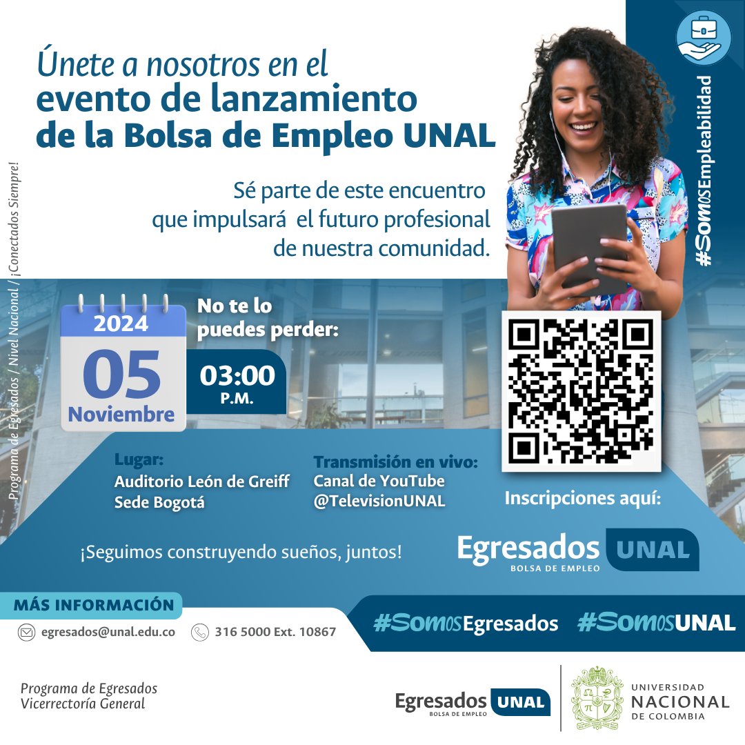 Comunidad Egresada UNAL, ¡Abre nuevas puertas hacia tu futuro! 🚪✨ Te invitamos al lanzamiento de la Bolsa de Empleo UNAL. 🔗 Inscríbete aquí: bit.ly/3AkR0k7 📲 ¡No te lo pierdas! 🚀 #SomosEmpleabilidad #SomosEgresados #SomosUNAL