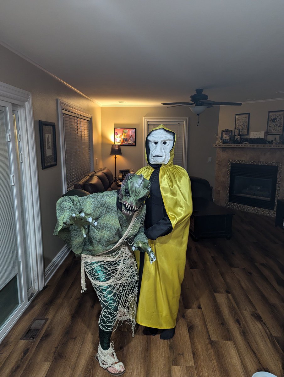 My husband and I went to a lovecraft themed party last night so we went as Dagon (me) and the king in yellow (him).

We were the only monstrous deities there!