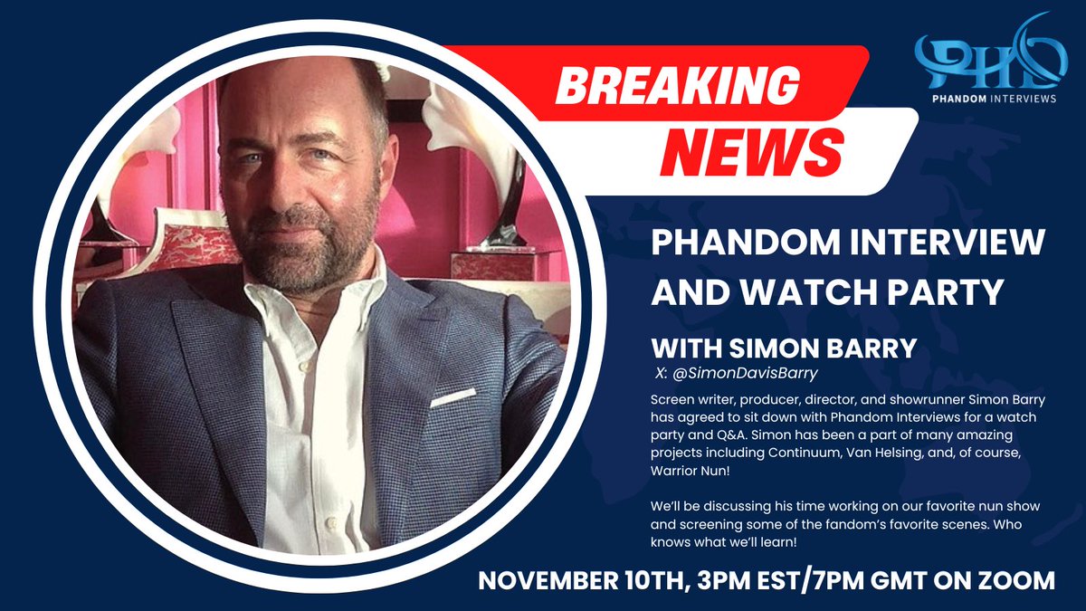 PHDInterviews's tweet image. 🛑 SIMON SAYS STOP ✋ 🛑 

PHD is happy to announce our next watch party will be with our favorite showrunner @SimonDavisBarry 

On November 10th, we’ll be showcasing scenes that you, the fans, choose. 

Zoom registration, question forms, and more to follow!

#WarriorNun