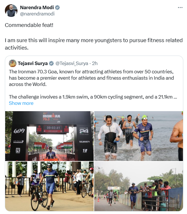 ANI's tweet photo. PM Modi commends BJP MP Tejasvi Surya for completing the Iron Man 70.3 https://t.co/A4qqPmLnBs