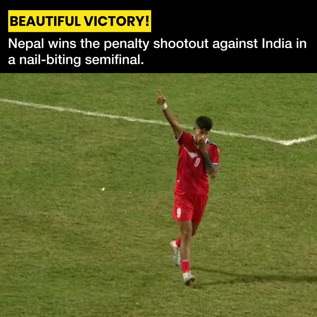 NoNext_Question's tweet photo. THAT’S A WIN!! Nepal defeated India in a thrilling semifinal penalty shootout (4-2) after a 1-1 draw. With this victory, Nepal secures a spot in the finals of the SAFF Women’s Championship. ❤️

DRAMATIC VICTORY!🇳🇵 
Congratulations 🎉 

#nonextquestion https://t.co/8gIDkeqIQ9