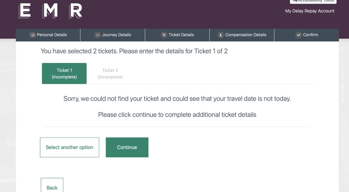 DaveOK77's tweet photo. @EastMidRailway Hi there.  I'm have had another train cancelled today so I need to make two claims.  The first claim is for yesterday's delay and ticket but I get this message.  Why is it saying the travel date is not today?  Thanks https://t.co/YM1SE2Sgpn