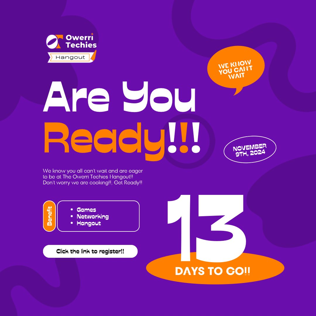 OwerriTechies's tweet photo. The long awaited day is just 13 away.
We can’t wait to see y’all.
Come prepared.
#techiesinowerri #owerritechies #creativescommunity #creativesinOwerri #techsis #techbro #techies #creativespace #blackcreatives #creativesconnect https://t.co/m909Y0GfXV