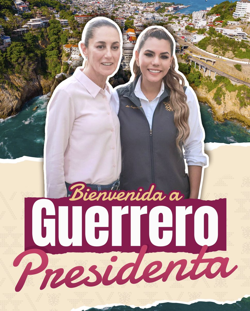 Hoy recibimos con gran gusto a nuestra presidenta, la Dra. <a href="/Claudiashein/">Claudia Sheinbaum Pardo</a>, quien visita nuevamente #Acapulco para revisar de cerca los avances y acciones en la recuperación de los municipios afectados por el paso de John.

Gracias, presidenta. En estas tierras la recibimos con los