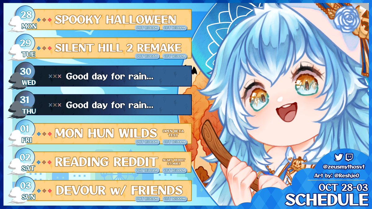 ZeusMythosVT's tweet photo. 🌩️⚡️ WEEKLY SCHEDULE ⚡️🌩️
SPOOKY, SCARY, HALLOWEEN TIME THIS WEEK YAHOO 👻🎃🦇
🎨: @Reshje0
General: #ZeusMythos
Live: #ZeusMythosLive
Art: #Zeulpture
Memes: #Zeumer
Clips: #Zeuted
Assets: #Zeussets
Questions: #AskZeus