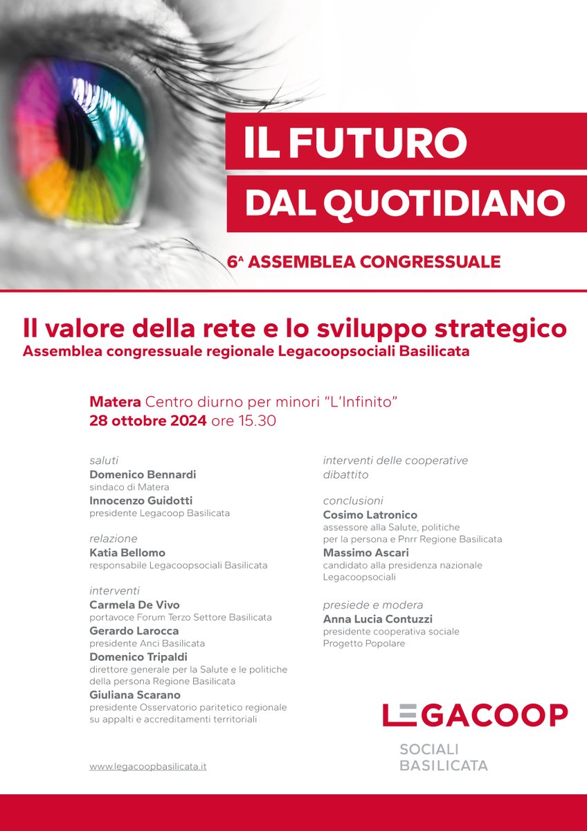 Lunedì 28 ottobre, a #Matera, l'assemblea congressuale regionale di Legacoopsociali Basilicata. Focus sul valore della rete e lo sviluppo strategico, una delle traiettorie individuate dal documento di mandato. #sociali24 #ilfuturodalquotidiano 👉 legacoopbasilicata.it/index.php?opti…