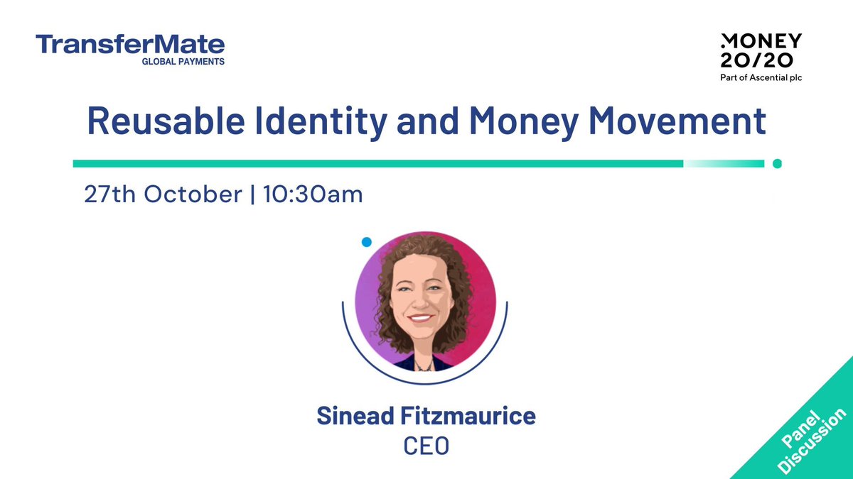 TransferMate (@transfermate) on Twitter photo For those of you lucky enough to be at #Money2020USA, our own <a href="/fitzfx1/">Sinead Fitzmaurice</a> will be part of today's all-star panel for the 'Reusable Identity and Money Movement' session at 10:30 (Vegas time) on level 1, Casanova.
Session Details: us.money2020.com/agenda/schedul… For those of you lucky enough to be at #Money2020USA, our own <a href="/fitzfx1/">Sinead Fitzmaurice</a> will be part of today's all-star panel for the 'Reusable Identity and Money Movement' session at 10:30 (Vegas time) on level 1, Casanova.
Session Details: us.money2020.com/agenda/schedul…