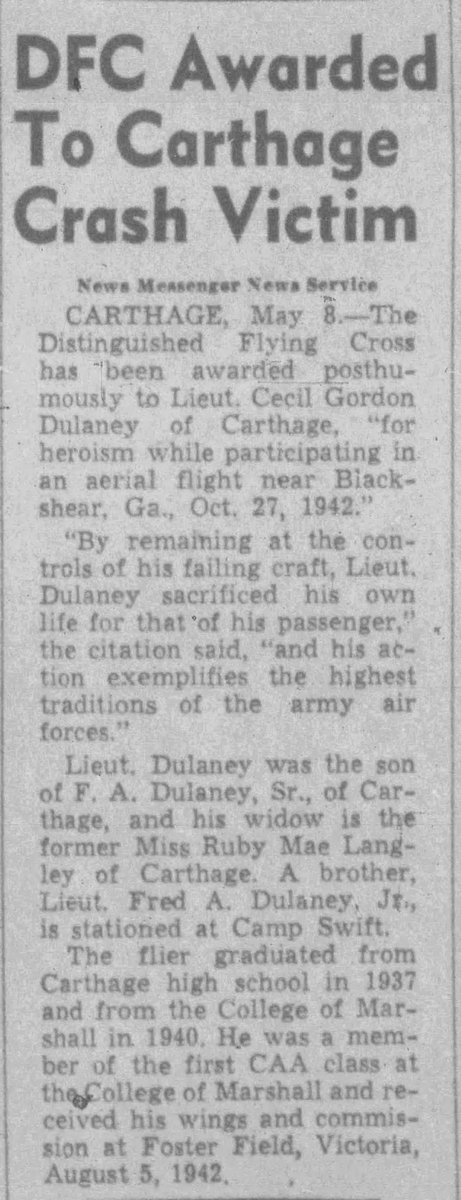 WW2Researcher's tweet image. 2nd Lieutenant Cecil G. Dulaney, of Carthage, Texas, was killed in a flight training crash near Blackshear, Georgia, on October 27, 1942, 82 years ago today. @WW2Researcher @AFmuseum @AirmanMagazine @natvetsmuseum