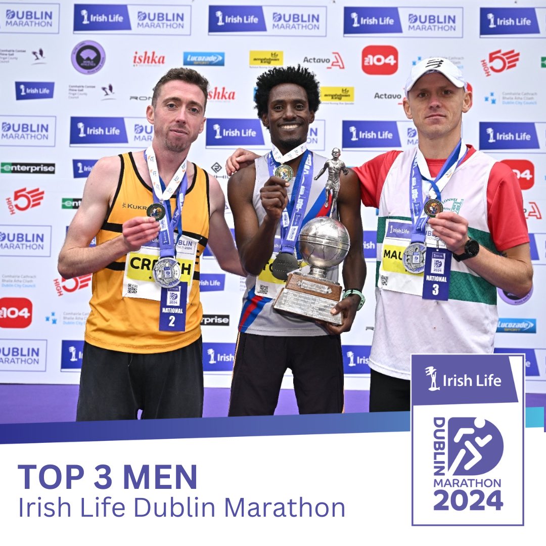 dublinmarathon's tweet photo. Our Top 3 Men in the National Marathon Championships at the Irish Life Dublin Marathon 🏆

1️⃣ Hiko Tonosa - 2:09:42 - New National Record

2️⃣ Ryan Creech - 2:13:49

3️⃣ William Maunsell - 2:14:23

#IrishLifeDublinMarathon #PowerOfSupport https://t.co/p01tqSkaXn