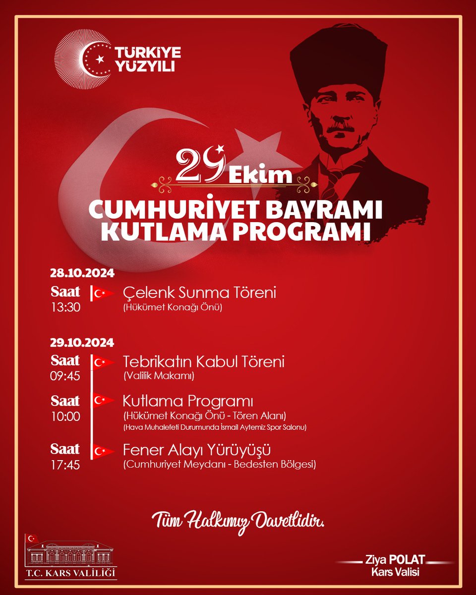 🇹🇷 Cumhuriyet'imizin 101. Yıl Dönümü vesilesiyle düzenlediğimiz kutlama programımıza tüm halkımız davetlidir.

<a href="/ziyapolat73/">Ziya POLAT</a>

#29Ekim
#CumhuriyetBayramı 
#GaziKars
