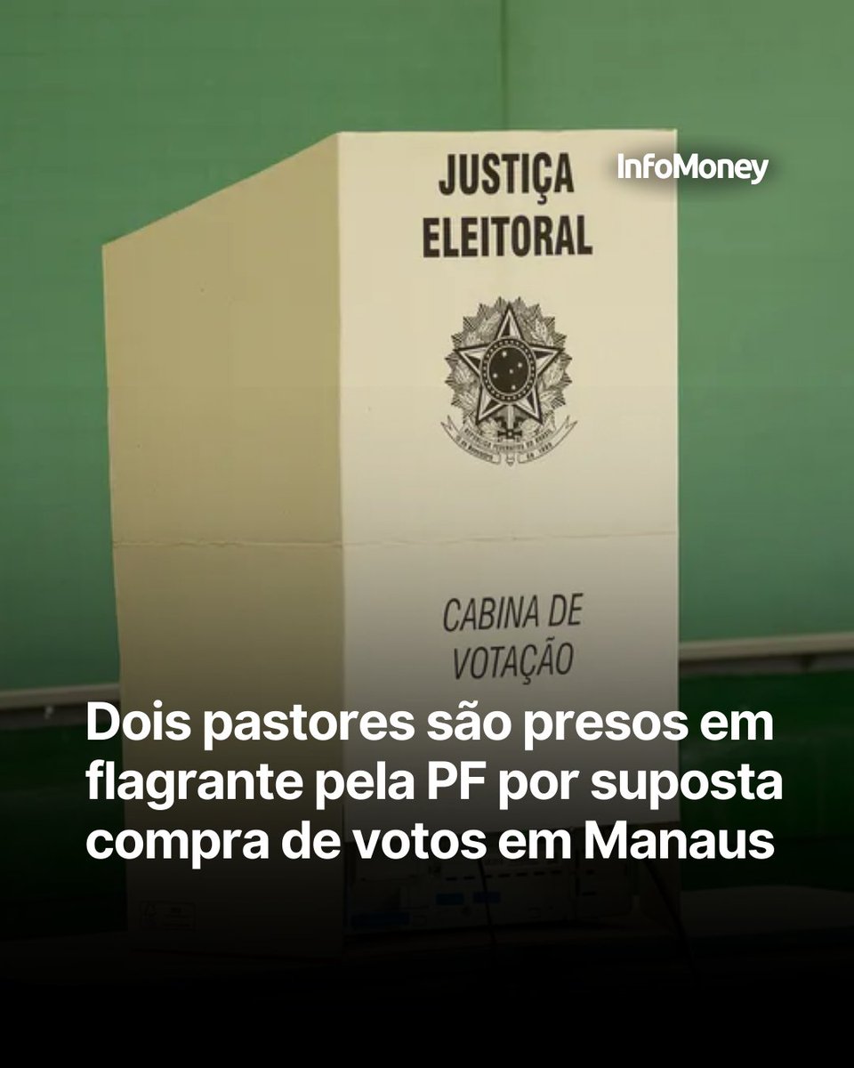 infomoney's tweet image. Dois pastores foram presos pela PF em Manaus, suspeitos de compra de votos, após reunião em uma igreja com eleitores locais. Com eles, a PF encontrou R$ 21,6 mil e uma lista com 50 assinaturas. Celulares foram apreendidos, e a PF investiga o doador mencionado.