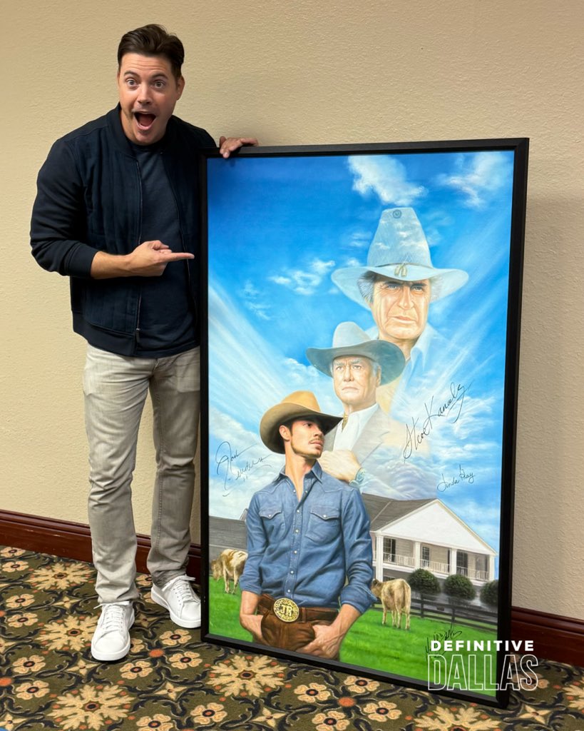 How exciting! Josh Henderson poses with the signed portrait featuring John Ross, J.R., Jock, and Southfork Ranch. #Dallas