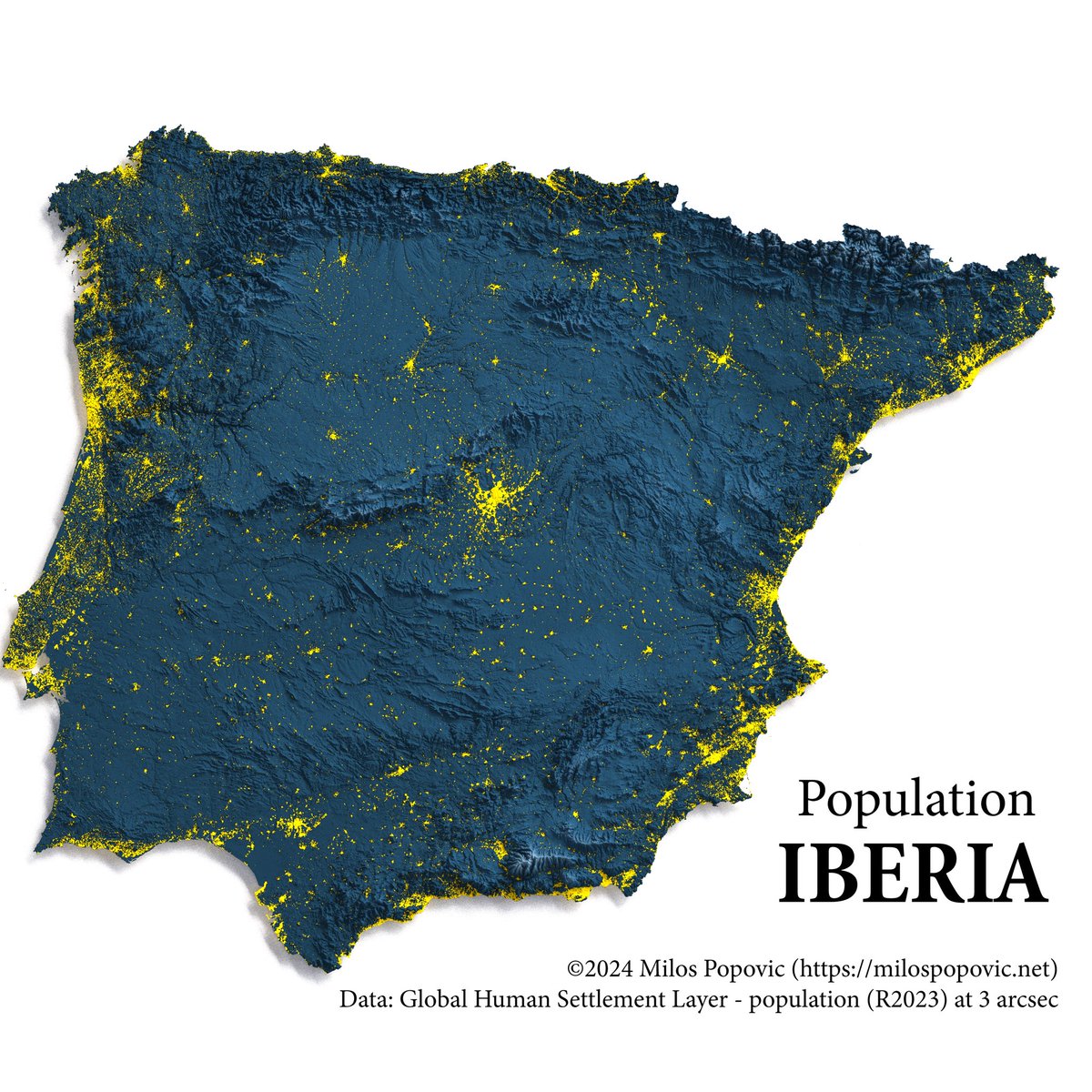 🌍 Did you know? The Iberian Peninsula is home to both Portugal &amp; Spain. While Spain has a larger population, Portugal has a higher population density. 🇵🇹🇪🇸

I’m excited to share my map of Iberia's elevation (🔵) &amp; population hotspots (🟡). Can you spot the most inhabited areas?