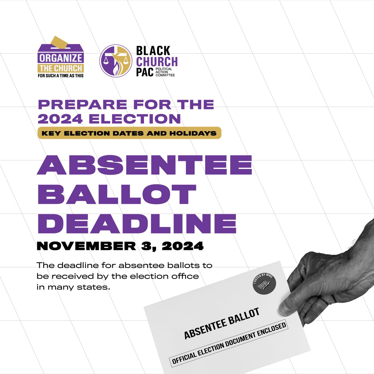 🗳️ Don’t wait—if you’re voting absentee, make sure your ballot is received by November 3, 2024.

👉🏾 Visit blackchurchpac.org/vote for all the key dates and deadlines, and to pledge to vote or check your voter status.

#AbsenteeBallot #BlackChurchPAC #Vote