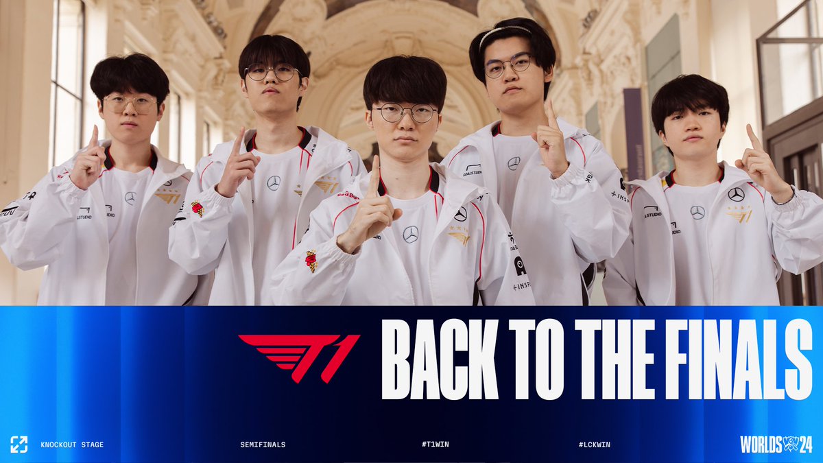 LCK's tweet photo. The Defending Champion, @T1LoL will head to their 7th Grand Finals!☝️🔥

Only one more win remains to defend their throne.
Don't stop cheering and help T1 put on the crown once again!👑💪 https://t.co/OViyrMpTmW