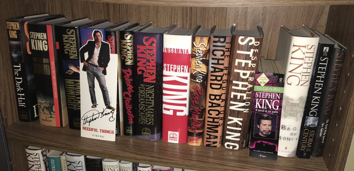 roland26750's tweet photo. Shelfie Sunday! All first editions, Insomnia is signed by @StephenKing from when I met him in the 90's. The Green Mile original paper backs behind the bookmark. #StephenKing #stephenkingcollection #shelfiesunday https://t.co/a3V3Q67T2l