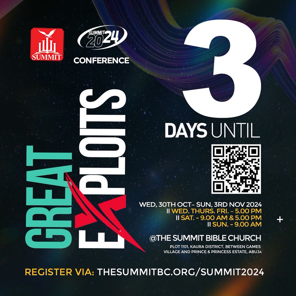 3 DAYS TO GO!

Join us for a time of profound teachings and powerful ministrations as our hosts and lineup of guest ministers equip you with the tools needed to achieve great exploits in this age!

#Summit2024
#GreatExploits
#summitabuja
#summitbiblechurch