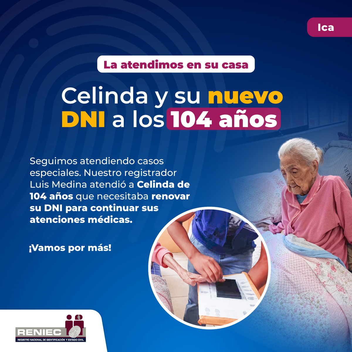 ReniecPeru's tweet photo. Seguimos atendiendo casos especiales e inciamos el trámite de renovación de #DNI de Celinda en su domicilio en #Ica. #Drias https://t.co/pkmTDo4ykA