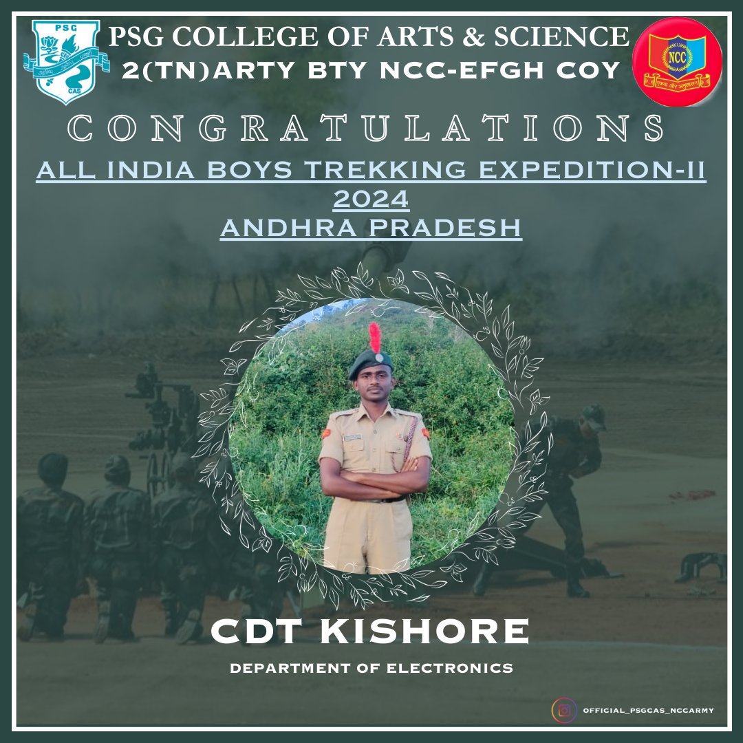 PsgcasO's tweet photo. The only limit to your impact is your imagination and commitment.

Our III-year Cadet, KISHORE had participated in the All India Boys Trekking Expedition-II held at Araku Valley, Andhra Pradesh.

He also participated in Group Dance and banged silver medal. 🥈
@HQ_DG_NCC https://t.co/cc76KadxtB