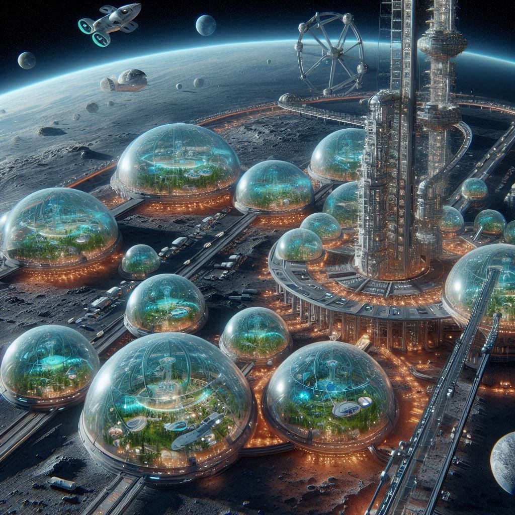 finixyta's tweet image. Night falls on Lunar District 7, where bioluminescent gardens glow under crystal-clear domes. The wheel station keeps spinning while hover-vehicles patrol the perimeter. Just another evening on the moon! 🌙✨ #MoonBase #SpaceLife