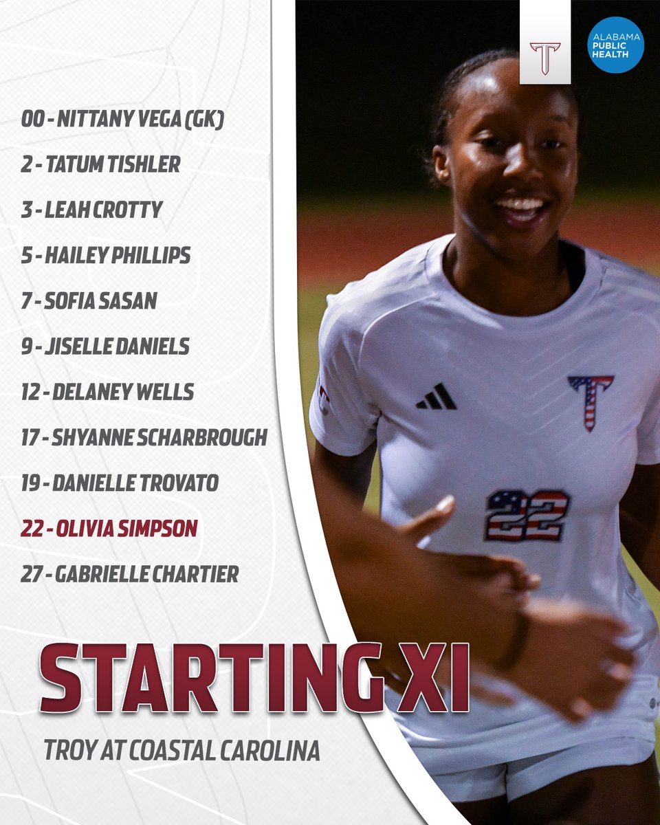 TroyTrojansWSOC's tweet photo. Game 1️⃣6️⃣ Starters

#WEoverme | #OneTROY⚔️⚽️ https://t.co/YtxK0SYQ9u
