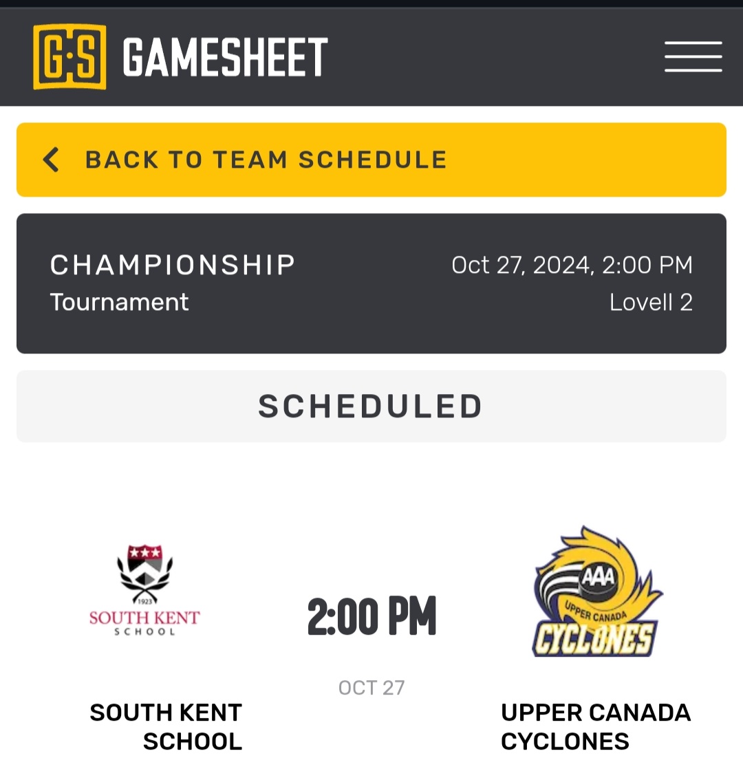 U16 Upper Canada Cyclones in Finals vs Sout Kent School 2pm