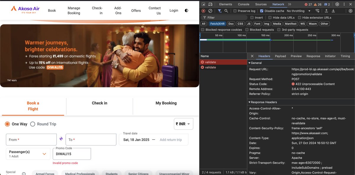 thecodinguy's tweet photo. @AkasaAir @AAI_Official
Diwali offer coupon code shows invalid even though it's within the given time frame even w/ &amp; w/o destinations, was showing the error in evening too. Code used - "DIWALI15" 

Please check and let us book https://t.co/WnhUWrWQSw