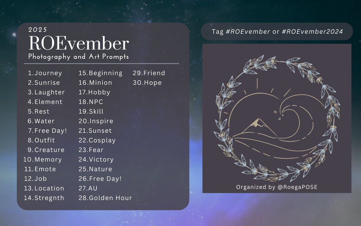 It's almost #ROEvember! 📸
Can't wait to see everyone's Roes! 
Make sure to tag either #ROEvember or #ROEvember2024 so we can find and retweet your photos! 

Which prompt are you the most excited for?