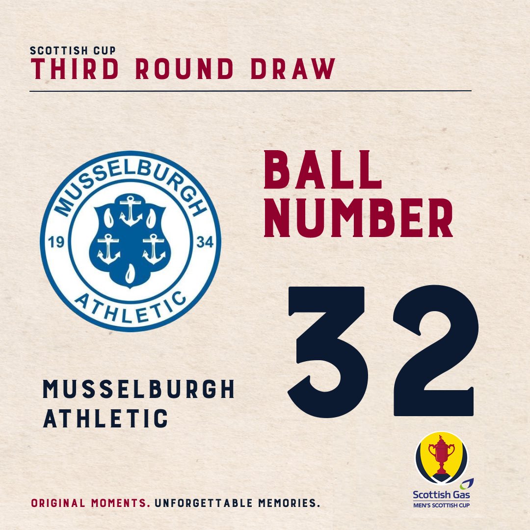 MusselburghAth's tweet photo. Well, what a day yesterday was!! 

History makers with our name in the hat for the very first time in tonight’s Scottish Gas Scottish Cup THIRD Round draw.

The draw will be live on The Scottish Cup YouTube channel at 8pm and we will be ball number 32.

#MonTheBurgh 💙 https://t.co/tZ9g15XHYJ