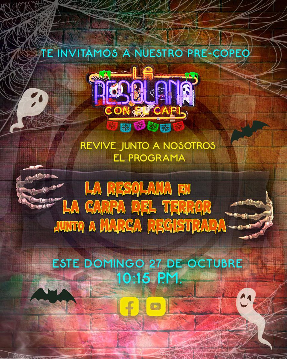 LaResolana's tweet image. Esta noche se va a poner bueno el after, conéctate a las 10:15 p.m. en nuestra cuenta de Facebook y Youtube y disfruta del programa de #LaResolana en la carpa del terror con #MarcaRegistrada. 🔥 ¡Después nos vemos por Azteca UNO para disfrutar de nuestro Halloween a las 11:00…