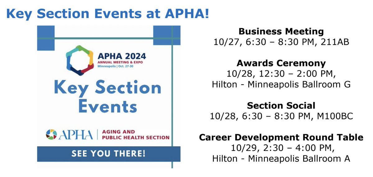Don't miss these key #Aging and #PublicHealth Section Events at #APHA2024!