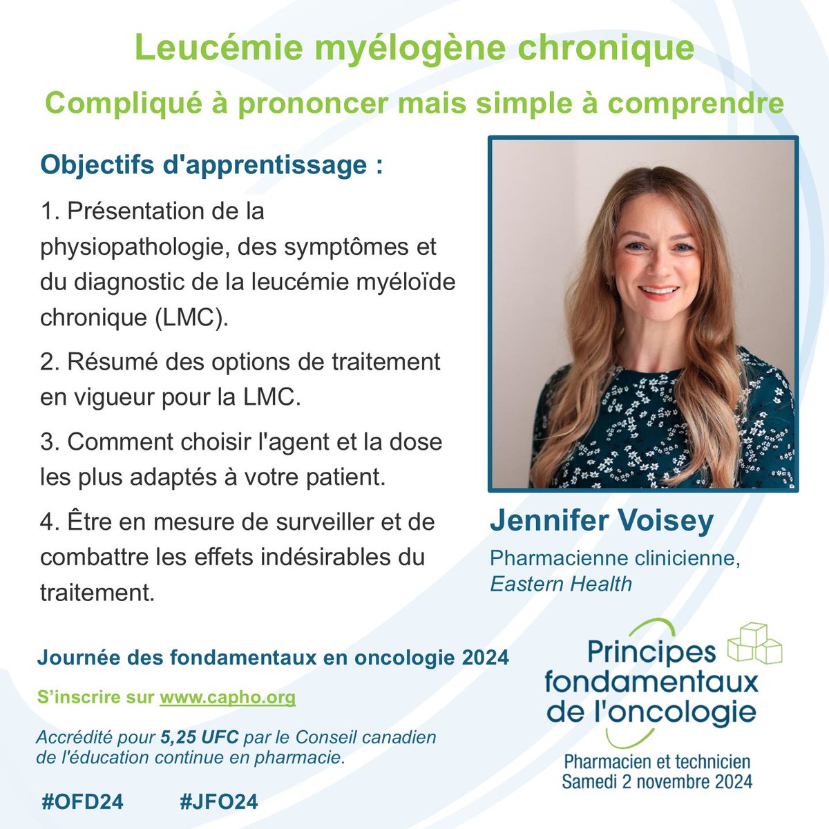 CAPhO_ACPhO's tweet photo. Join Jennifer for an overview of Chronic Myelogenous Leukemia, including diagnosis, treatment, and managing therapy effects.
Rejoignez Jennifer pour un aperçu de la leucémie myélogène chronique : diagnostic, options de traitement et gestion des effets indésirables !
#OFD24 #JFO24 https://t.co/07gKBd2GZX