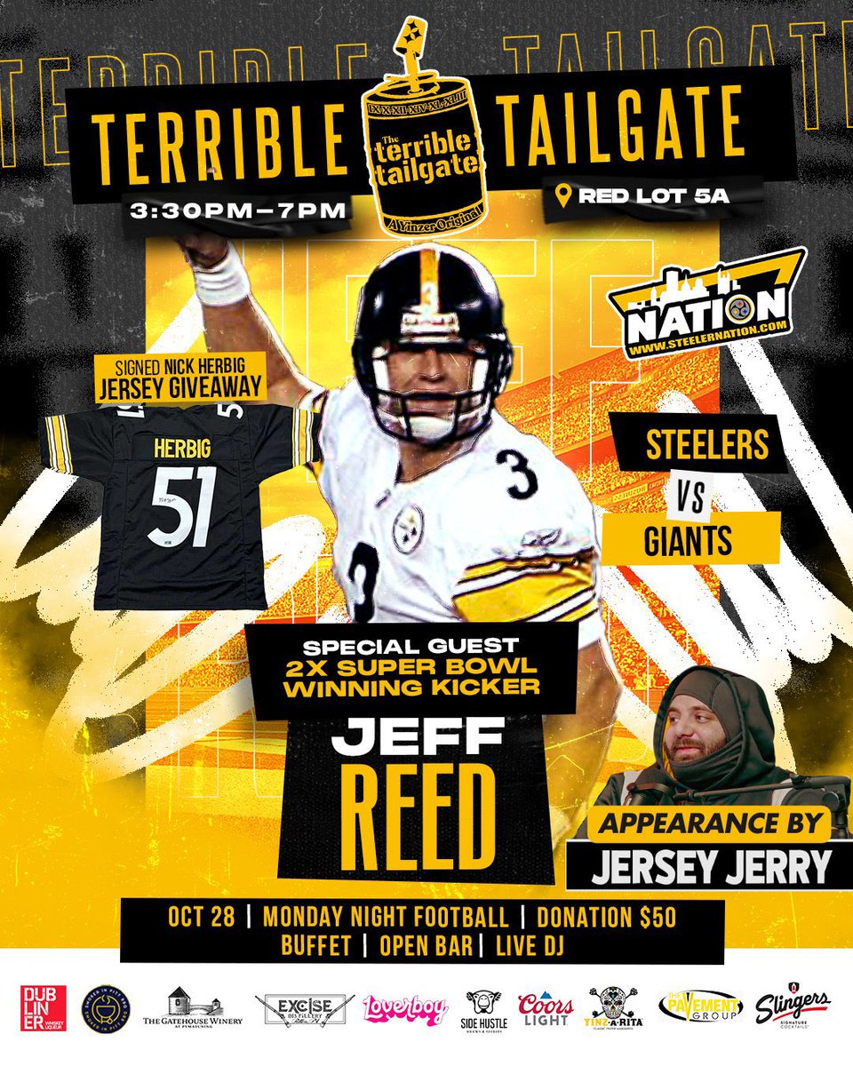 Kevin Adams (@kevinadams26) on Twitter photo You guys didn’t think I wasn’t gonna give away tickets to the game tomorrow did you?! 
Let’s giveaway 2 Steelers game tickets and 2 Terrible Tailgate tix with Jeff Reed and Jersey Jerry!
Just repost and follow. 
Winner tonight 815pm
Tailgate tix 👇🏽 
rb.gy/jwx997 You guys didn’t think I wasn’t gonna give away tickets to the game tomorrow did you?! 
Let’s giveaway 2 Steelers game tickets and 2 Terrible Tailgate tix with Jeff Reed and Jersey Jerry!
Just repost and follow. 
Winner tonight 815pm
Tailgate tix 👇🏽 
rb.gy/jwx997